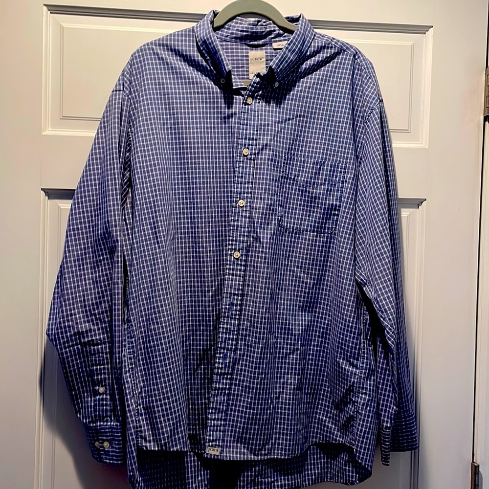 JCREW Mens Blue and White Checked Cotton Long Sleeve Button Down Shirt